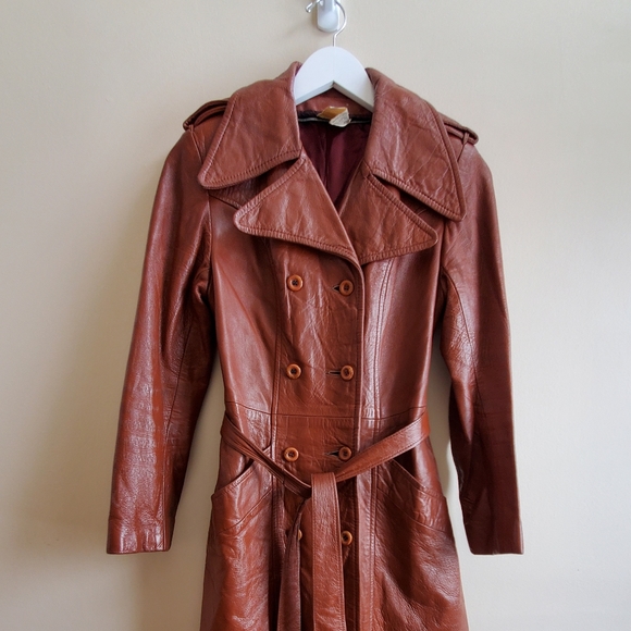 Vintage Cognac Genuine leather jacket fitted long double breasted, w self belt - Picture 2 of 16